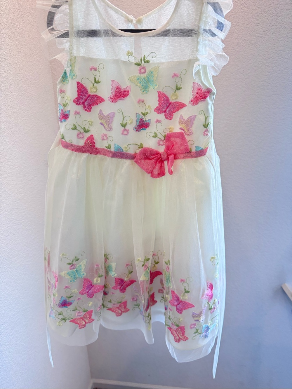 Girls White Tulle Dress with Pink Butterfly Embroidery
